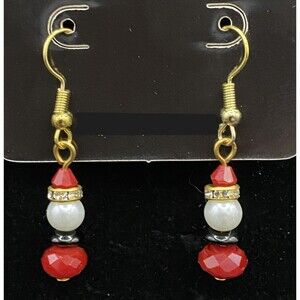 Handmade Santa Style Crystal Glass & Faux Pearl Gold Tone Earrings by Neanie-Bot